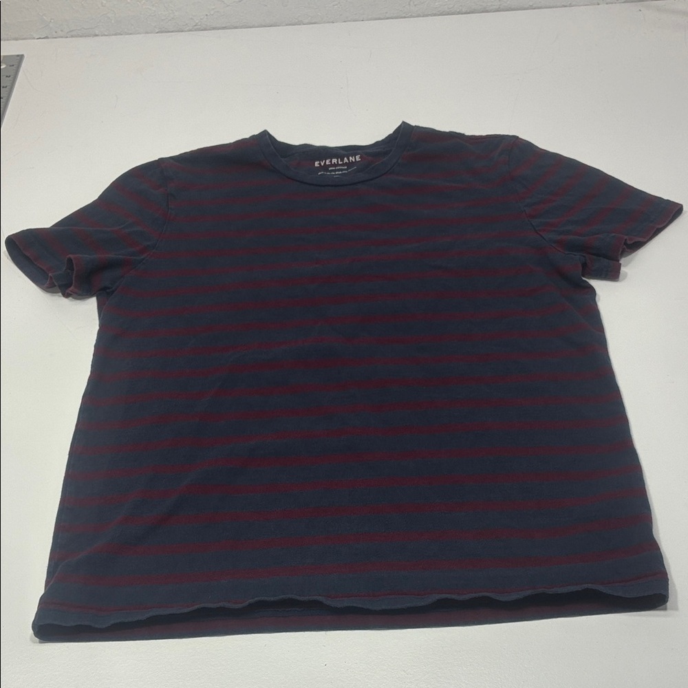 Everlane T-shirt Men Size Large Short Sleeve Blue and Red Stripes Crewneck